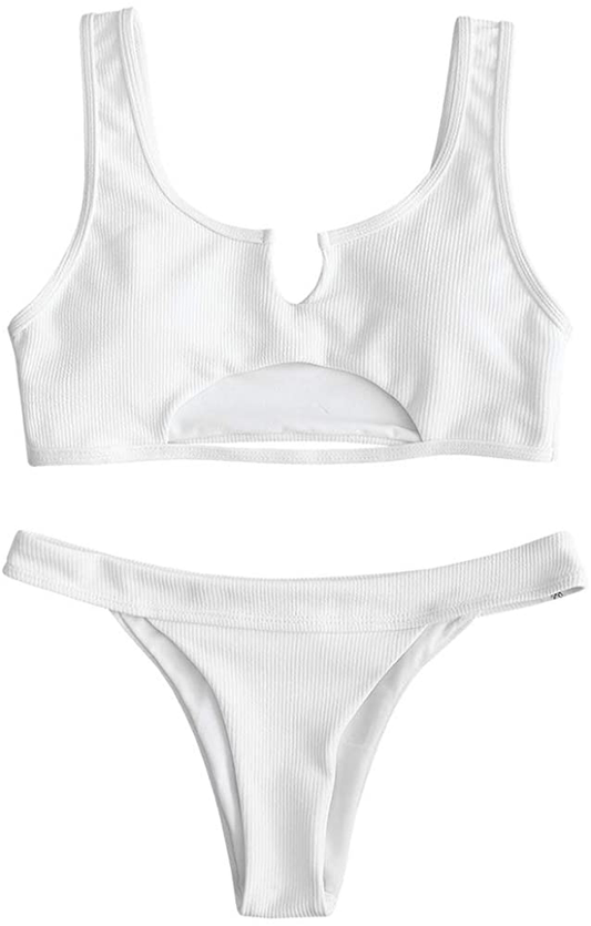 ZAFUL Women's Tie Dye V-Notch Cutout High Cut Bikini Set Two Piece Swimsuit Apparel & Accessories > Clothing > Swimwear ZAFUL B-white Small 