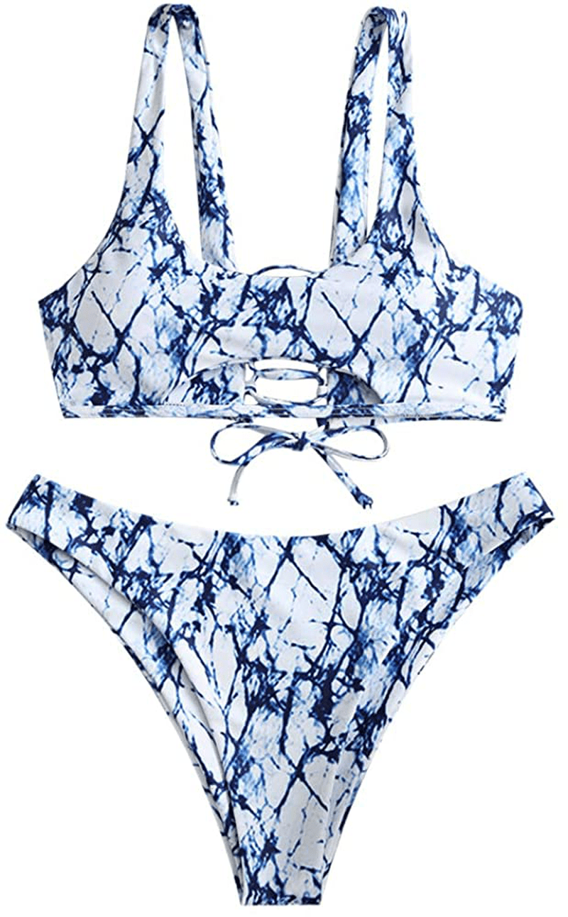 ZAFUL Women's Tie Dye V-Notch Cutout High Cut Bikini Set Two Piece Swimsuit Apparel & Accessories > Clothing > Swimwear ZAFUL G-blue Medium 