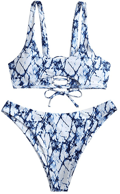 ZAFUL Women's Tie Dye V-Notch Cutout High Cut Bikini Set Two Piece Swimsuit Apparel & Accessories > Clothing > Swimwear ZAFUL G-blue Medium 