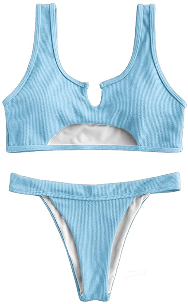 ZAFUL Women's Tie Dye V-Notch Cutout High Cut Bikini Set Two Piece Swimsuit Apparel & Accessories > Clothing > Swimwear ZAFUL N-sky Blue Small 