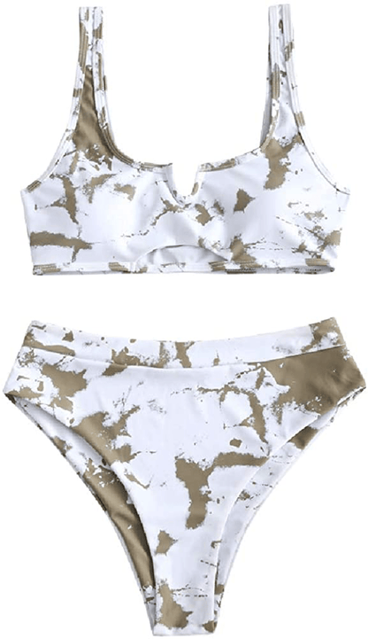 ZAFUL Women's Tie Dye V-Notch Cutout High Cut Bikini Set Two Piece Swimsuit Apparel & Accessories > Clothing > Swimwear ZAFUL I-white Small 