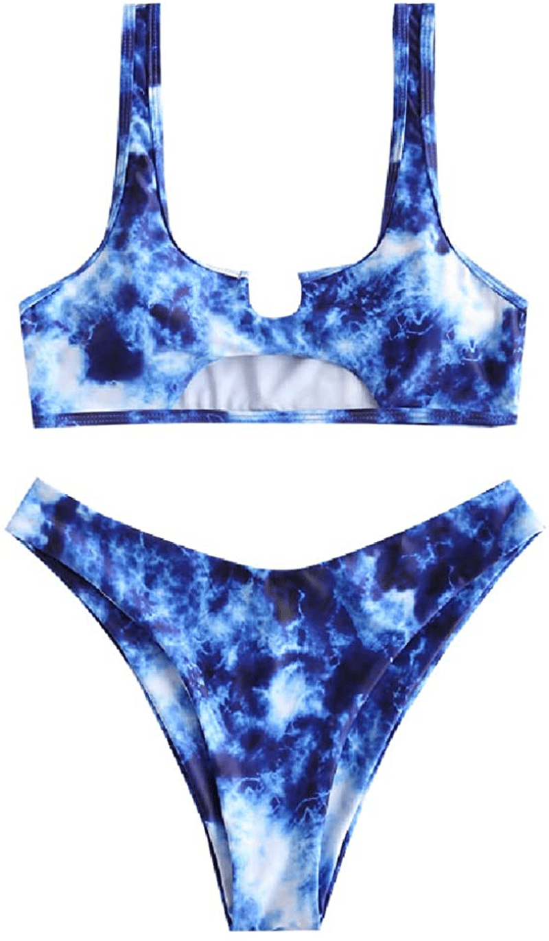 ZAFUL Women's Tie Dye V-Notch Cutout High Cut Bikini Set Two Piece Swimsuit Apparel & Accessories > Clothing > Swimwear ZAFUL L-cobalt Blue Small 