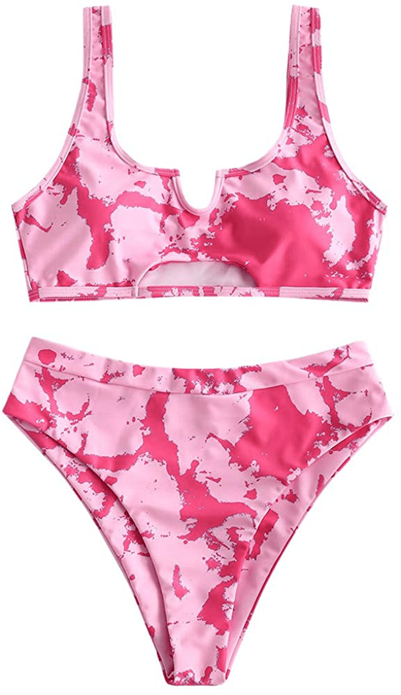 ZAFUL Women's Tie Dye V-Notch Cutout High Cut Bikini Set Two Piece Swimsuit Apparel & Accessories > Clothing > Swimwear ZAFUL I-light Pink Medium 