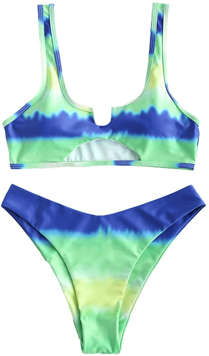 ZAFUL Women's Tie Dye V-Notch Cutout High Cut Bikini Set Two Piece Swimsuit Apparel & Accessories > Clothing > Swimwear ZAFUL L-light Green Medium 