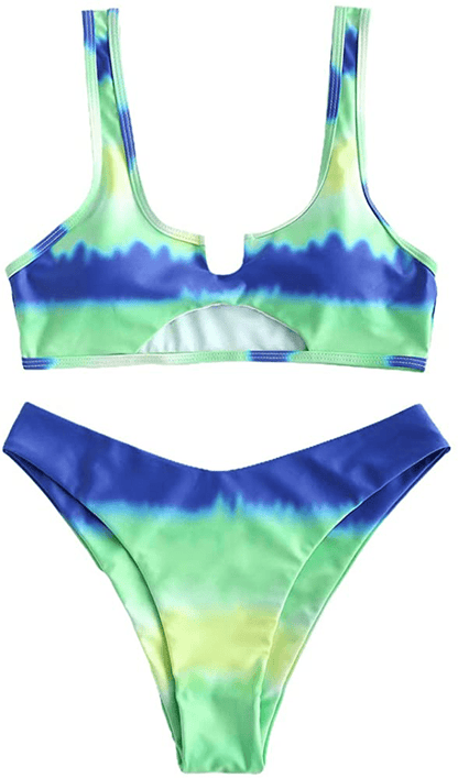 ZAFUL Women's Tie Dye V-Notch Cutout High Cut Bikini Set Two Piece Swimsuit Apparel & Accessories > Clothing > Swimwear ZAFUL L-light Green Medium 