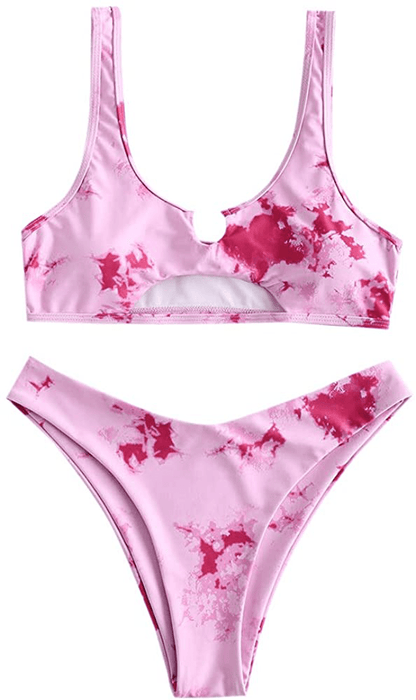 ZAFUL Women's Tie Dye V-Notch Cutout High Cut Bikini Set Two Piece Swimsuit Apparel & Accessories > Clothing > Swimwear ZAFUL L-hot Pink Small 