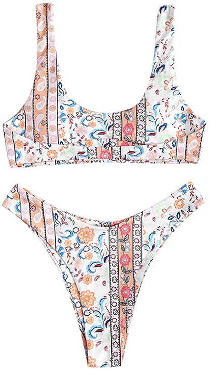 ZAFUL Women's Tie Dye V-Notch Cutout High Cut Bikini Set Two Piece Swimsuit Apparel & Accessories > Clothing > Swimwear ZAFUL M-light Orange Large 