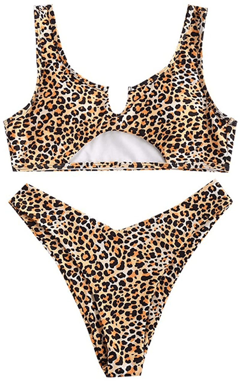 ZAFUL Women's Tie Dye V-Notch Cutout High Cut Bikini Set Two Piece Swimsuit Apparel & Accessories > Clothing > Swimwear ZAFUL Leopard Small 