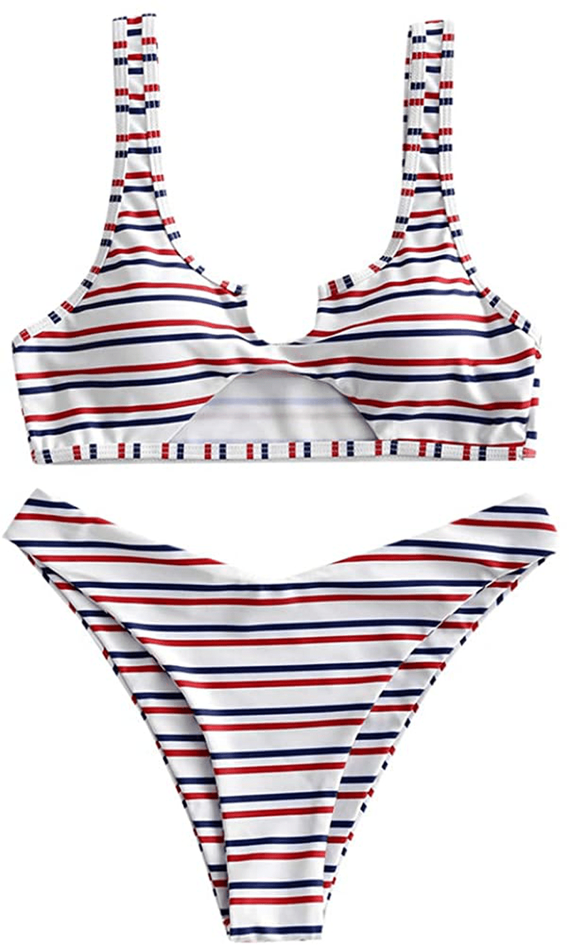 ZAFUL Women's Tie Dye V-Notch Cutout High Cut Bikini Set Two Piece Swimsuit Apparel & Accessories > Clothing > Swimwear ZAFUL D-striped Medium 