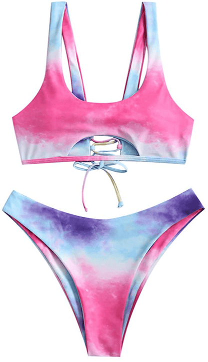 ZAFUL Women's Tie Dye V-Notch Cutout High Cut Bikini Set Two Piece Swimsuit Apparel & Accessories > Clothing > Swimwear ZAFUL G-hot Pink Medium 