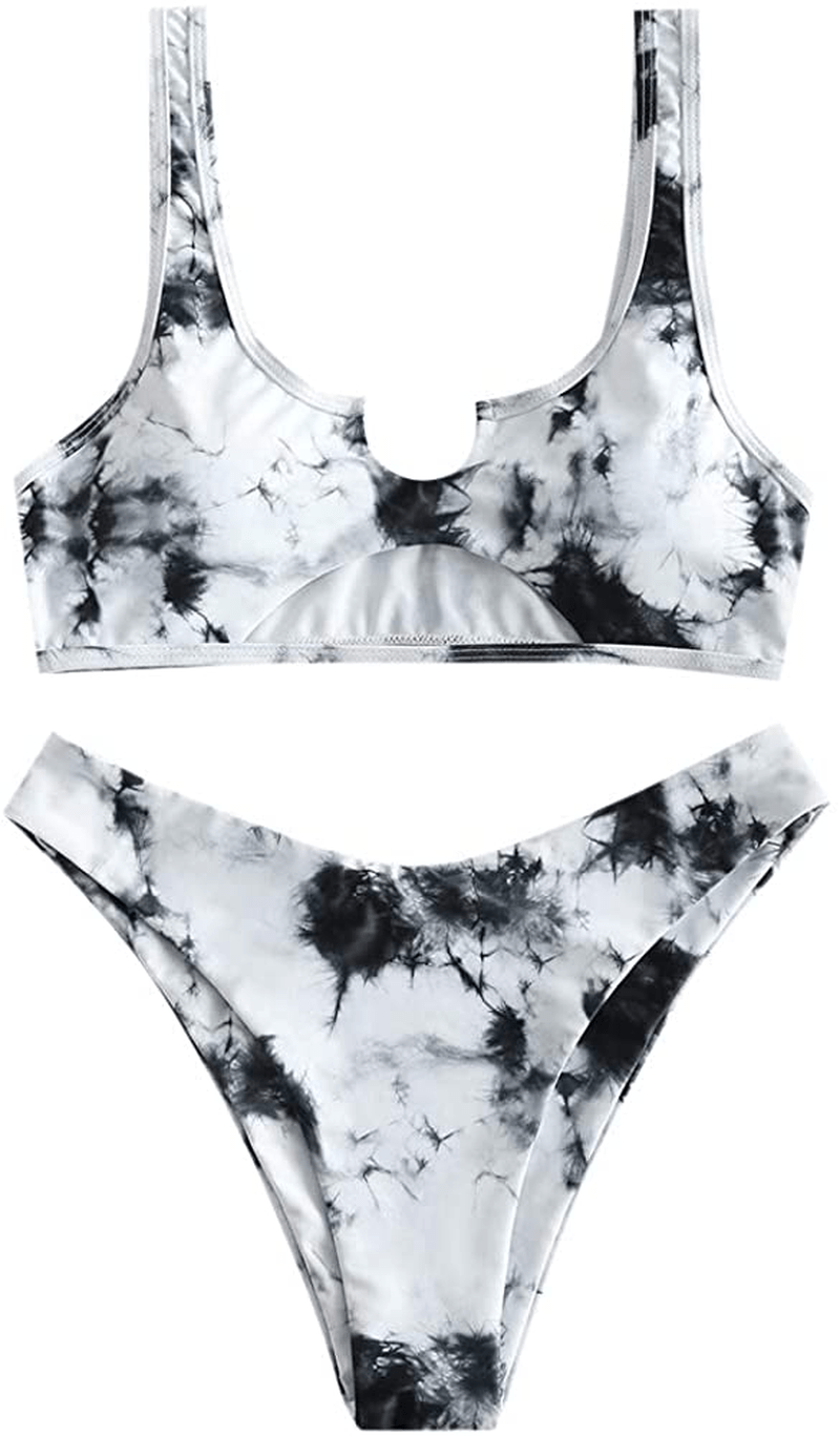 ZAFUL Women's Tie Dye V-Notch Cutout High Cut Bikini Set Two Piece Swimsuit Apparel & Accessories > Clothing > Swimwear ZAFUL L-dark Gray Medium 