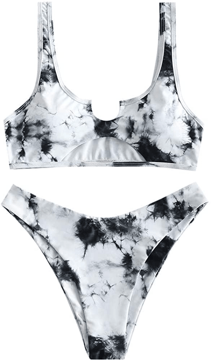 ZAFUL Women's Tie Dye V-Notch Cutout High Cut Bikini Set Two Piece Swimsuit Apparel & Accessories > Clothing > Swimwear ZAFUL L-dark Gray Medium 