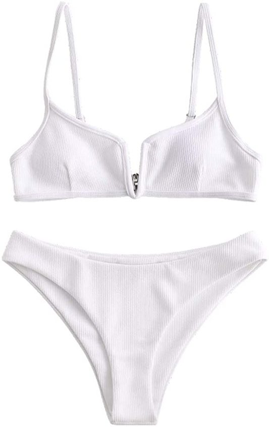 ZAFUL Women's V-Wire Padded Ribbed High Cut Cami Bikini Set Two Piece Swimsuit Apparel & Accessories > Clothing > Swimwear ZAFUL   