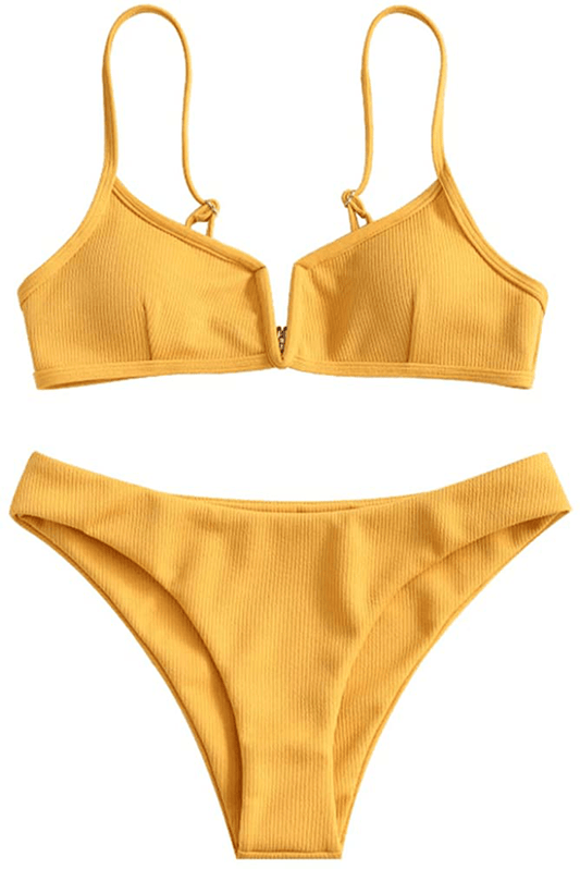 ZAFUL Women's V-Wire Padded Ribbed High Cut Cami Bikini Set Two Piece Swimsuit Apparel & Accessories > Clothing > Swimwear ZAFUL Bee Yellow Small 