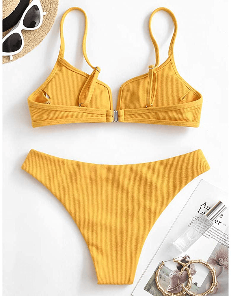 ZAFUL Women's V-Wire Padded Ribbed High Cut Cami Bikini Set Two Piece Swimsuit Apparel & Accessories > Clothing > Swimwear ZAFUL   