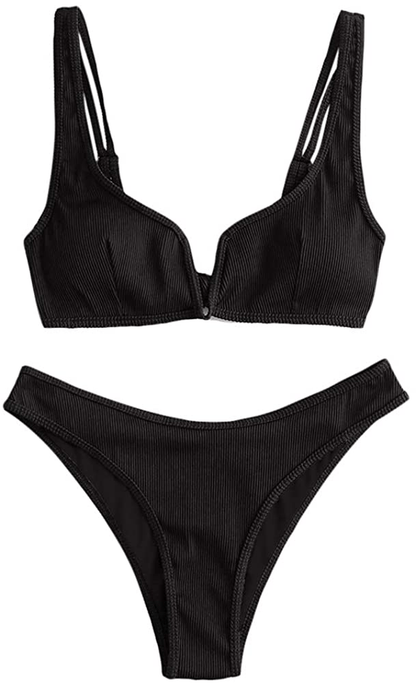 ZAFUL Women's V-Wire Padded Ribbed High Cut Cami Bikini Set Two Piece Swimsuit Apparel & Accessories > Clothing > Swimwear ZAFUL Wk-all Black Medium 