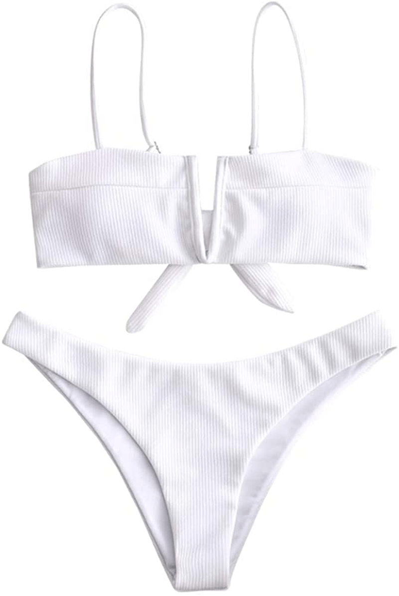 ZAFUL Women's V-Wire Padded Ribbed High Cut Cami Bikini Set Two Piece Swimsuit Apparel & Accessories > Clothing > Swimwear ZAFUL Wl-white Small 