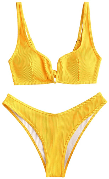 ZAFUL Women's V-Wire Padded Ribbed High Cut Cami Bikini Set Two Piece Swimsuit Apparel & Accessories > Clothing > Swimwear ZAFUL Wk-bright Yellow Small 