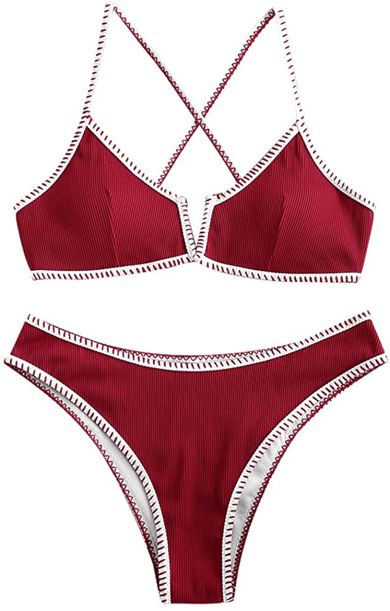 ZAFUL Women's V-Wire Padded Ribbed High Cut Cami Bikini Set Two Piece Swimsuit Apparel & Accessories > Clothing > Swimwear ZAFUL A-wine Red Small 