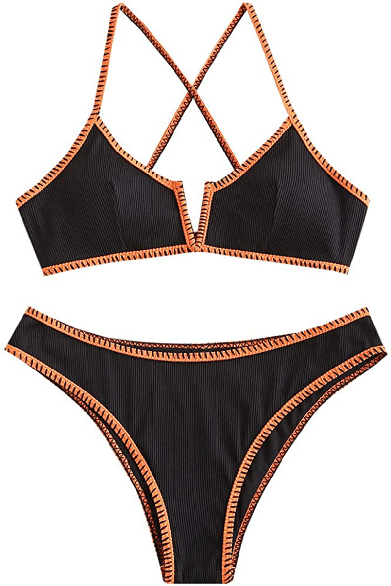 ZAFUL Women's V-Wire Padded Ribbed High Cut Cami Bikini Set Two Piece Swimsuit Apparel & Accessories > Clothing > Swimwear ZAFUL A-black Large 