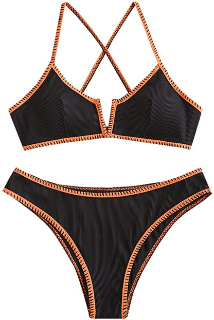 ZAFUL Women's V-Wire Padded Ribbed High Cut Cami Bikini Set Two Piece Swimsuit Apparel & Accessories > Clothing > Swimwear ZAFUL A-black Large 