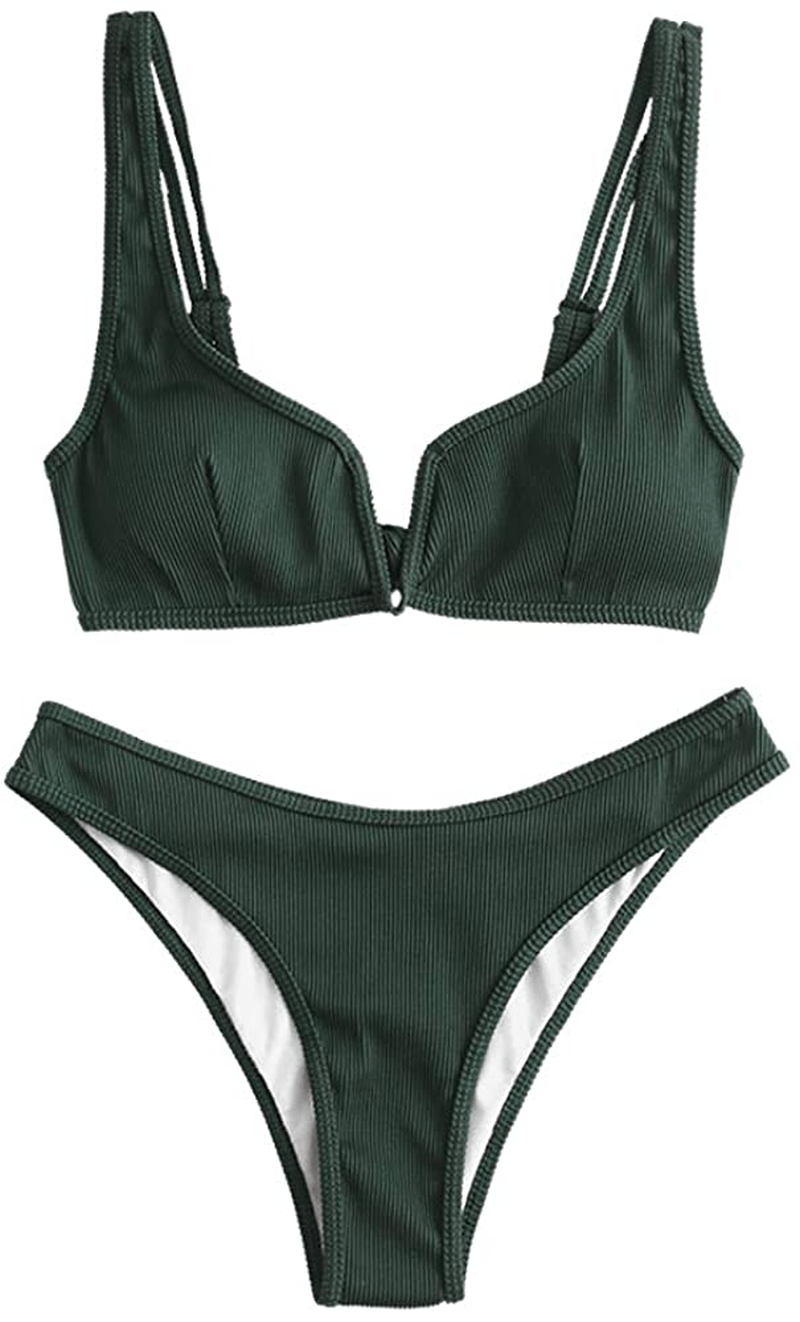 ZAFUL Women's V-Wire Padded Ribbed High Cut Cami Bikini Set Two Piece Swimsuit Apparel & Accessories > Clothing > Swimwear ZAFUL Wk-green Medium 