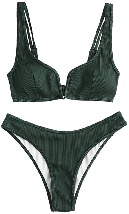 ZAFUL Women's V-Wire Padded Ribbed High Cut Cami Bikini Set Two Piece Swimsuit Apparel & Accessories > Clothing > Swimwear ZAFUL Wk-green Medium 
