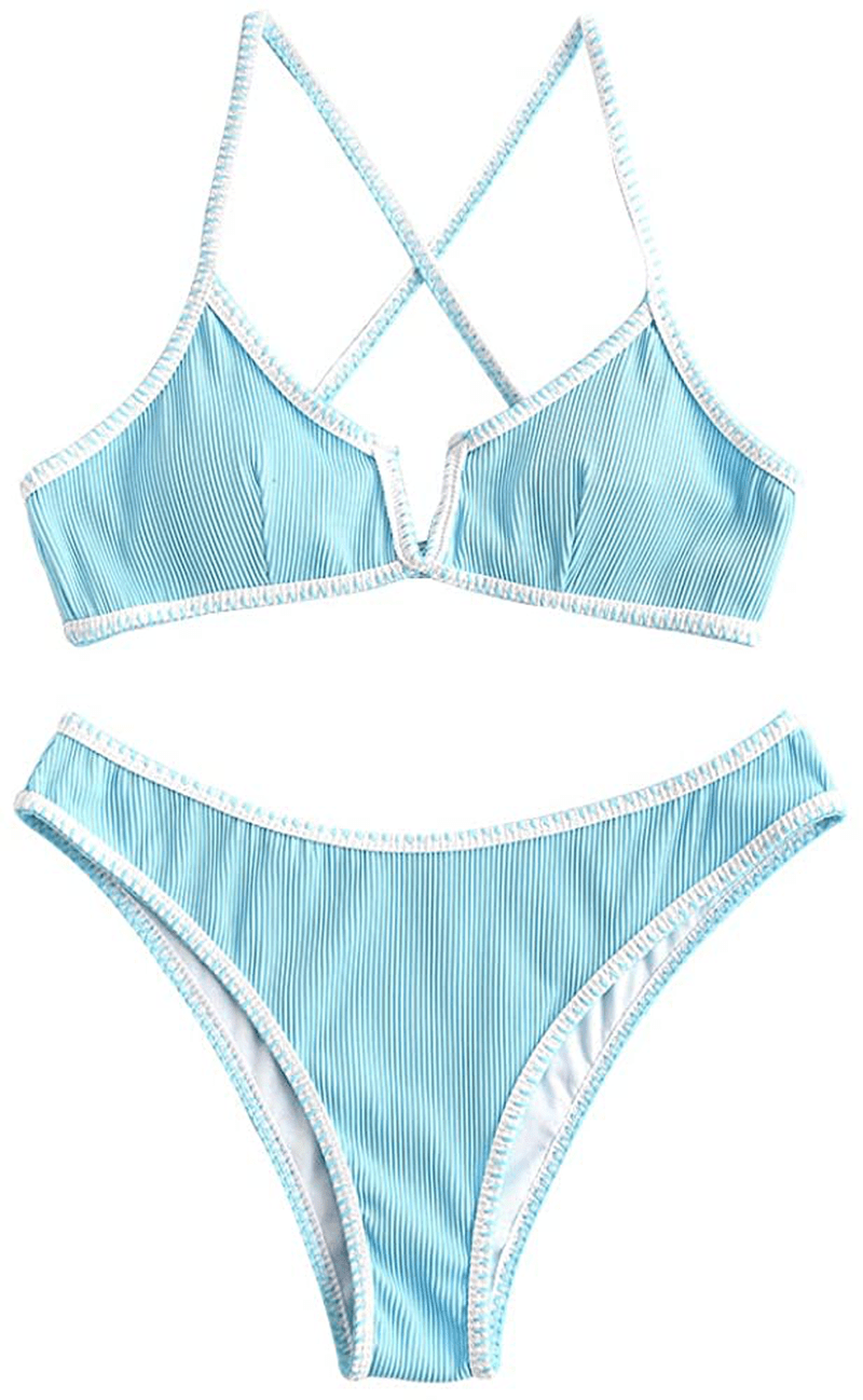 ZAFUL Women's V-Wire Padded Ribbed High Cut Cami Bikini Set Two Piece Swimsuit Apparel & Accessories > Clothing > Swimwear ZAFUL A-blue Small 