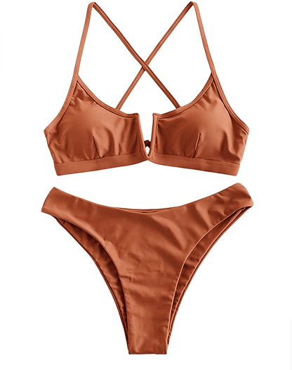 ZAFUL Women's V-Wire Padded Ribbed High Cut Cami Bikini Set Two Piece Swimsuit Apparel & Accessories > Clothing > Swimwear ZAFUL G-chestnut Red Large 