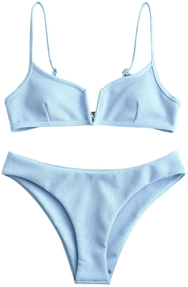 ZAFUL Women's V-Wire Padded Ribbed High Cut Cami Bikini Set Two Piece Swimsuit Apparel & Accessories > Clothing > Swimwear ZAFUL Light Sky Blue Small 