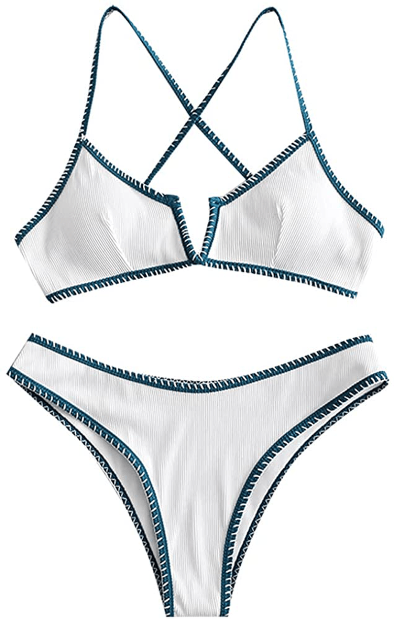 ZAFUL Women's V-Wire Padded Ribbed High Cut Cami Bikini Set Two Piece Swimsuit Apparel & Accessories > Clothing > Swimwear ZAFUL A-white Large 