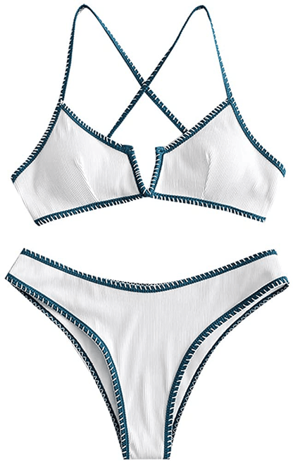 ZAFUL Women's V-Wire Padded Ribbed High Cut Cami Bikini Set Two Piece Swimsuit Apparel & Accessories > Clothing > Swimwear ZAFUL A-white Large 