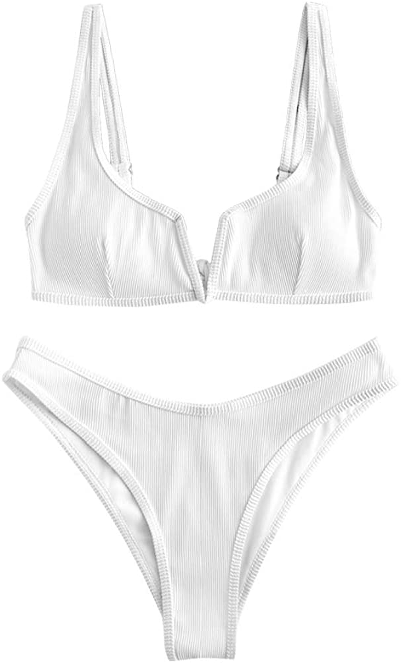 ZAFUL Women's V-Wire Padded Ribbed High Cut Cami Bikini Set Two Piece Swimsuit Apparel & Accessories > Clothing > Swimwear ZAFUL Wk-white Small 