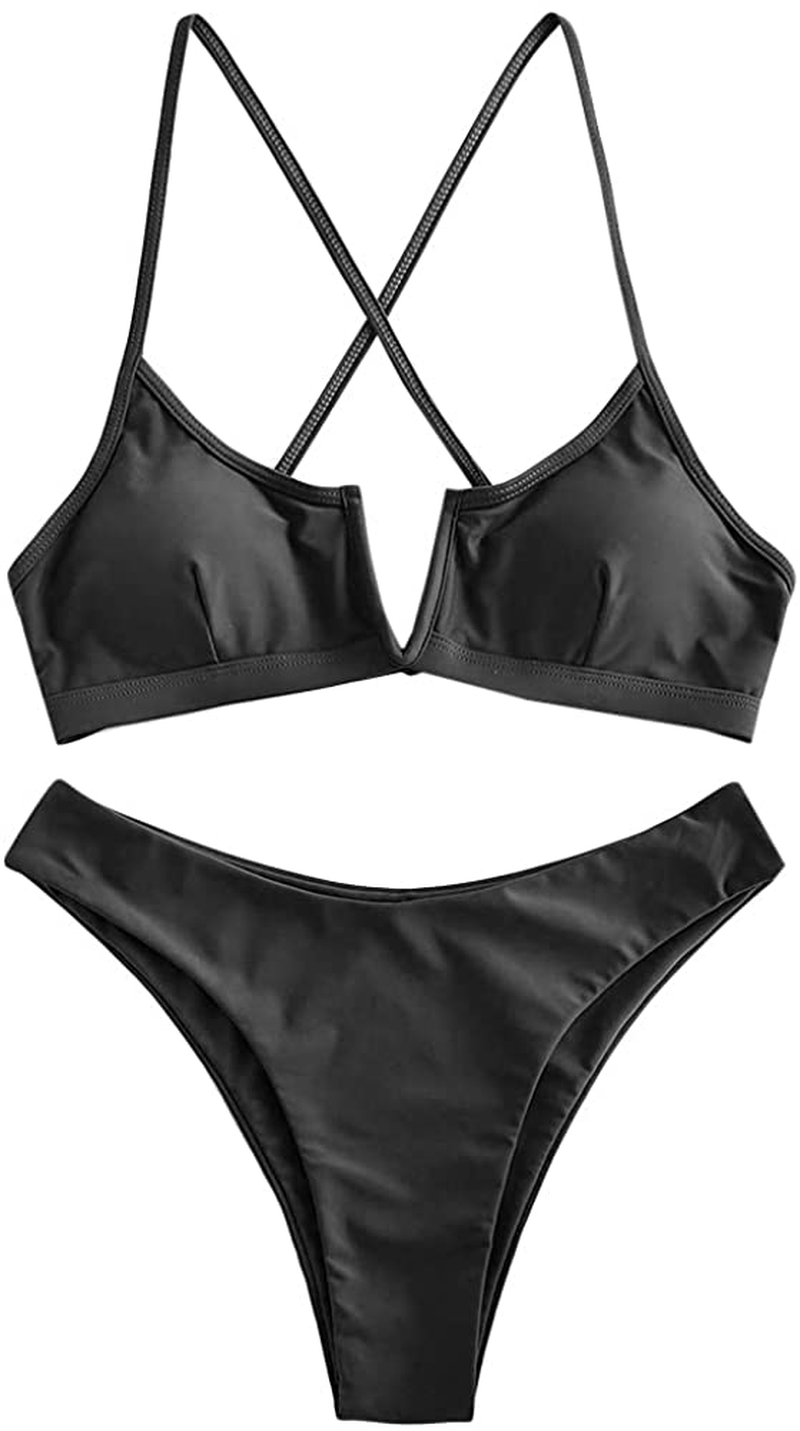 ZAFUL Women's V-Wire Padded Ribbed High Cut Cami Bikini Set Two Piece Swimsuit Apparel & Accessories > Clothing > Swimwear ZAFUL G-black Small 
