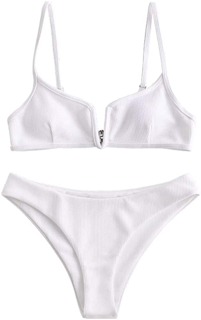 ZAFUL Women's V-Wire Padded Ribbed High Cut Cami Bikini Set Two Piece Swimsuit Apparel & Accessories > Clothing > Swimwear ZAFUL White Large 