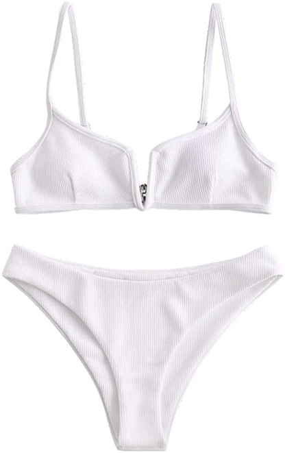 ZAFUL Women's V-Wire Padded Ribbed High Cut Cami Bikini Set Two Piece Swimsuit Apparel & Accessories > Clothing > Swimwear ZAFUL White Large 