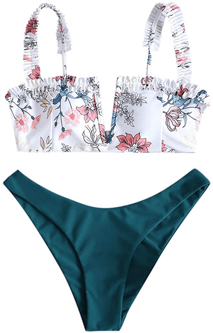 ZAFUL Women's V-Wire Padded Ribbed High Cut Cami Bikini Set Two Piece Swimsuit Apparel & Accessories > Clothing > Swimwear ZAFUL B-peacock Blue Medium 