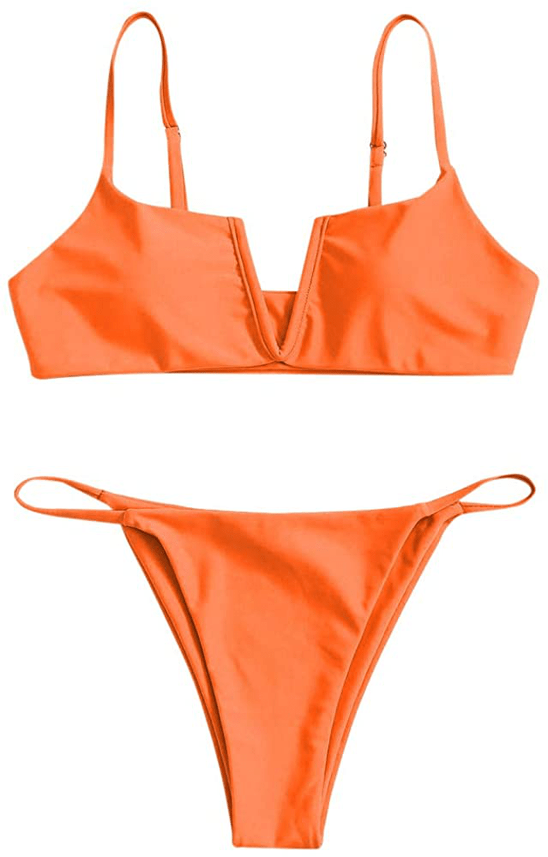 ZAFUL Women's V-Wire Padded Ribbed High Cut Cami Bikini Set Two Piece Swimsuit Apparel & Accessories > Clothing > Swimwear ZAFUL C-orange Medium 