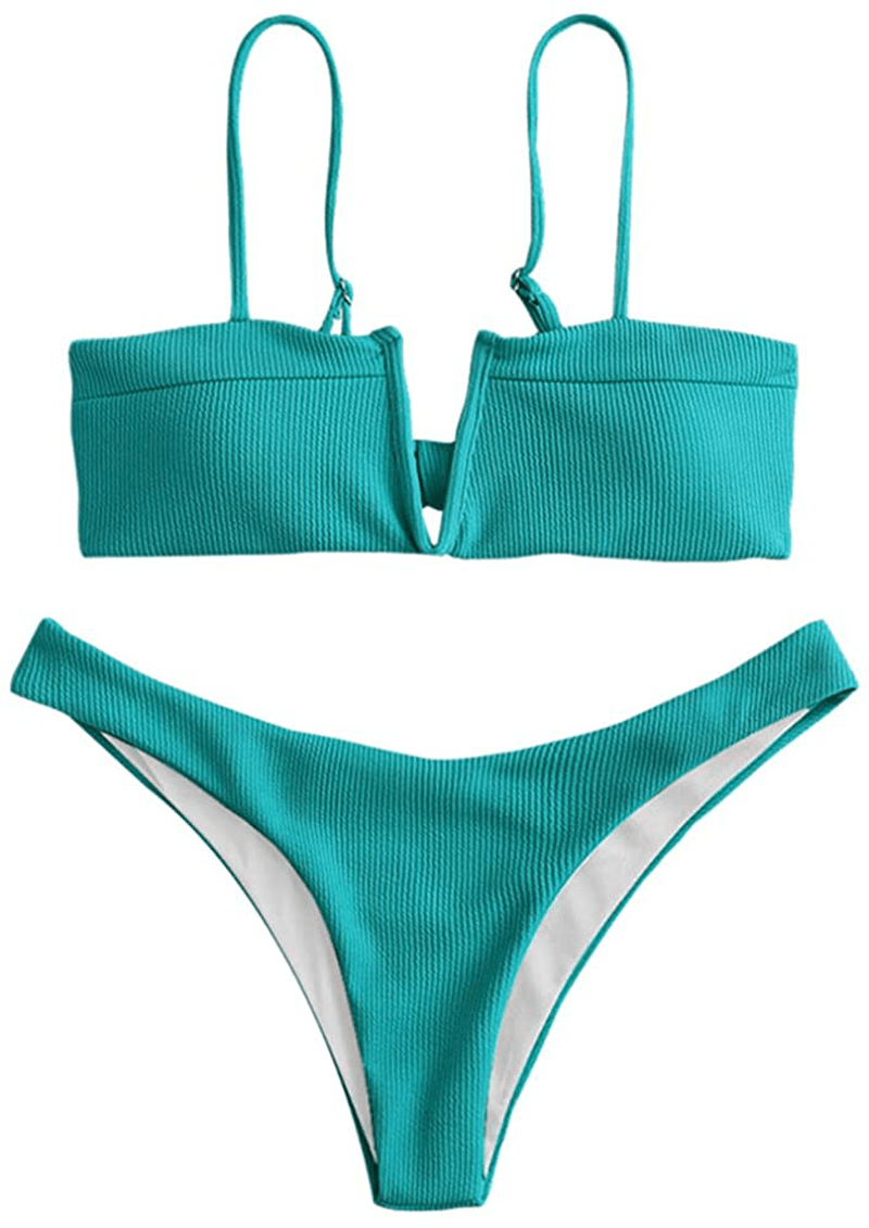 ZAFUL Women's V-Wire Padded Ribbed High Cut Cami Bikini Set Two Piece Swimsuit Apparel & Accessories > Clothing > Swimwear ZAFUL Wl-turquoise Medium 