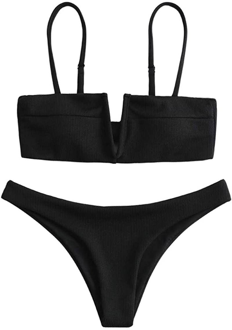 ZAFUL Women's V-Wire Padded Ribbed High Cut Cami Bikini Set Two Piece Swimsuit Apparel & Accessories > Clothing > Swimwear ZAFUL Wl-black Large 