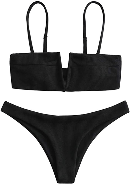 ZAFUL Women's V-Wire Padded Ribbed High Cut Cami Bikini Set Two Piece Swimsuit Apparel & Accessories > Clothing > Swimwear ZAFUL Wl-black Large 
