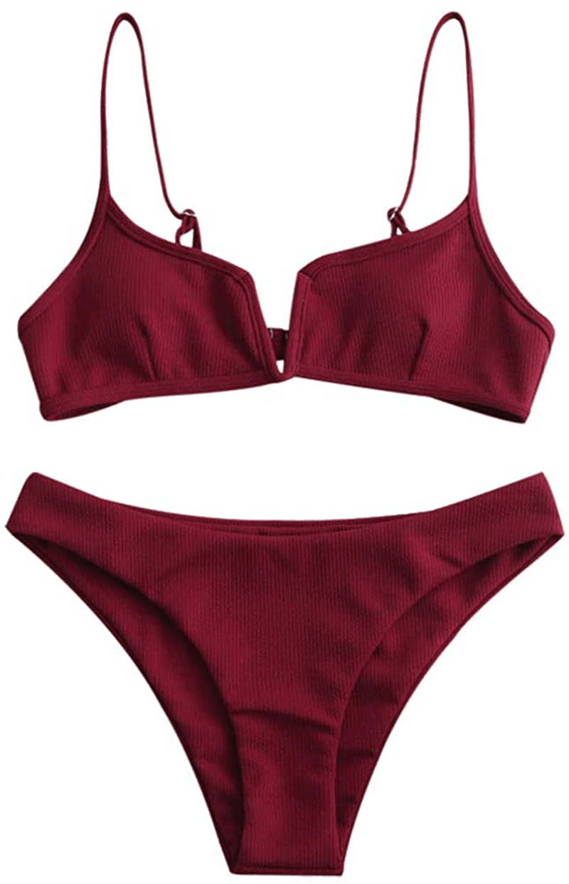 ZAFUL Women's V-Wire Padded Ribbed High Cut Cami Bikini Set Two Piece Swimsuit Apparel & Accessories > Clothing > Swimwear ZAFUL Wine Red Medium 