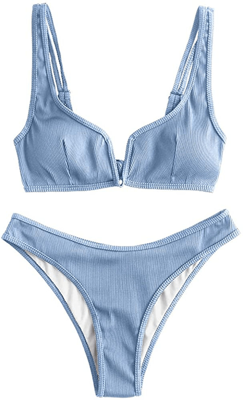 ZAFUL Women's V-Wire Padded Ribbed High Cut Cami Bikini Set Two Piece Swimsuit Apparel & Accessories > Clothing > Swimwear ZAFUL Wk-blue Small 