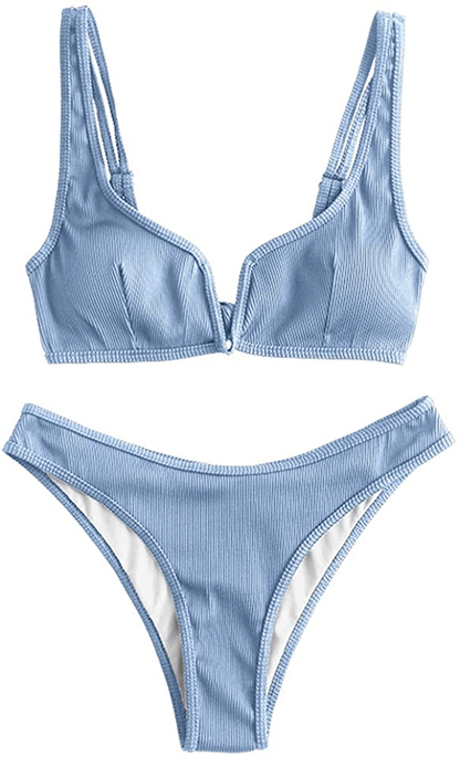 ZAFUL Women's V-Wire Padded Ribbed High Cut Cami Bikini Set Two Piece Swimsuit Apparel & Accessories > Clothing > Swimwear ZAFUL Wk-blue Small 