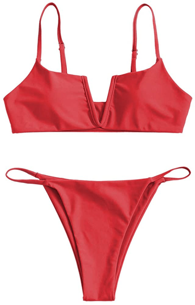 ZAFUL Women's V-Wire Padded Ribbed High Cut Cami Bikini Set Two Piece Swimsuit Apparel & Accessories > Clothing > Swimwear ZAFUL C-ruby Red Medium 
