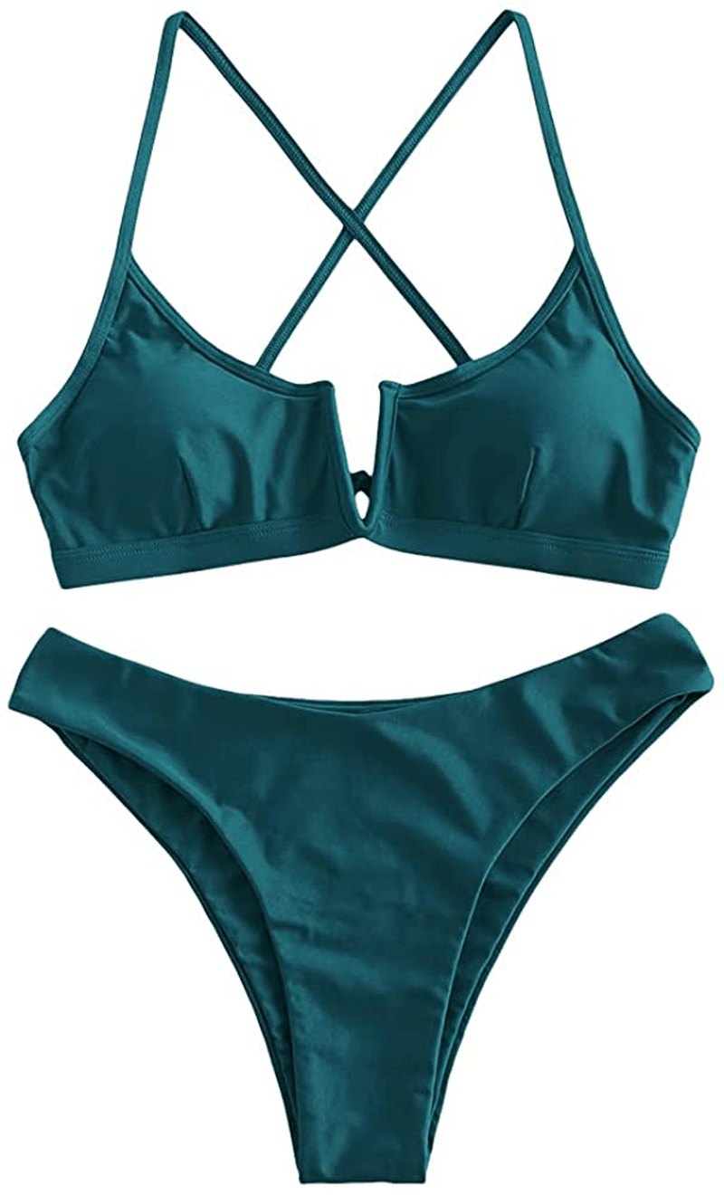 ZAFUL Women's V-Wire Padded Ribbed High Cut Cami Bikini Set Two Piece Swimsuit Apparel & Accessories > Clothing > Swimwear ZAFUL G-deep Green Large 