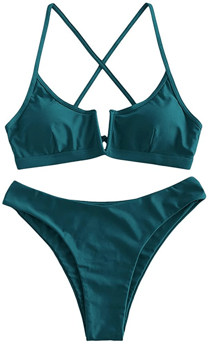 ZAFUL Women's V-Wire Padded Ribbed High Cut Cami Bikini Set Two Piece Swimsuit Apparel & Accessories > Clothing > Swimwear ZAFUL G-deep Green Large 