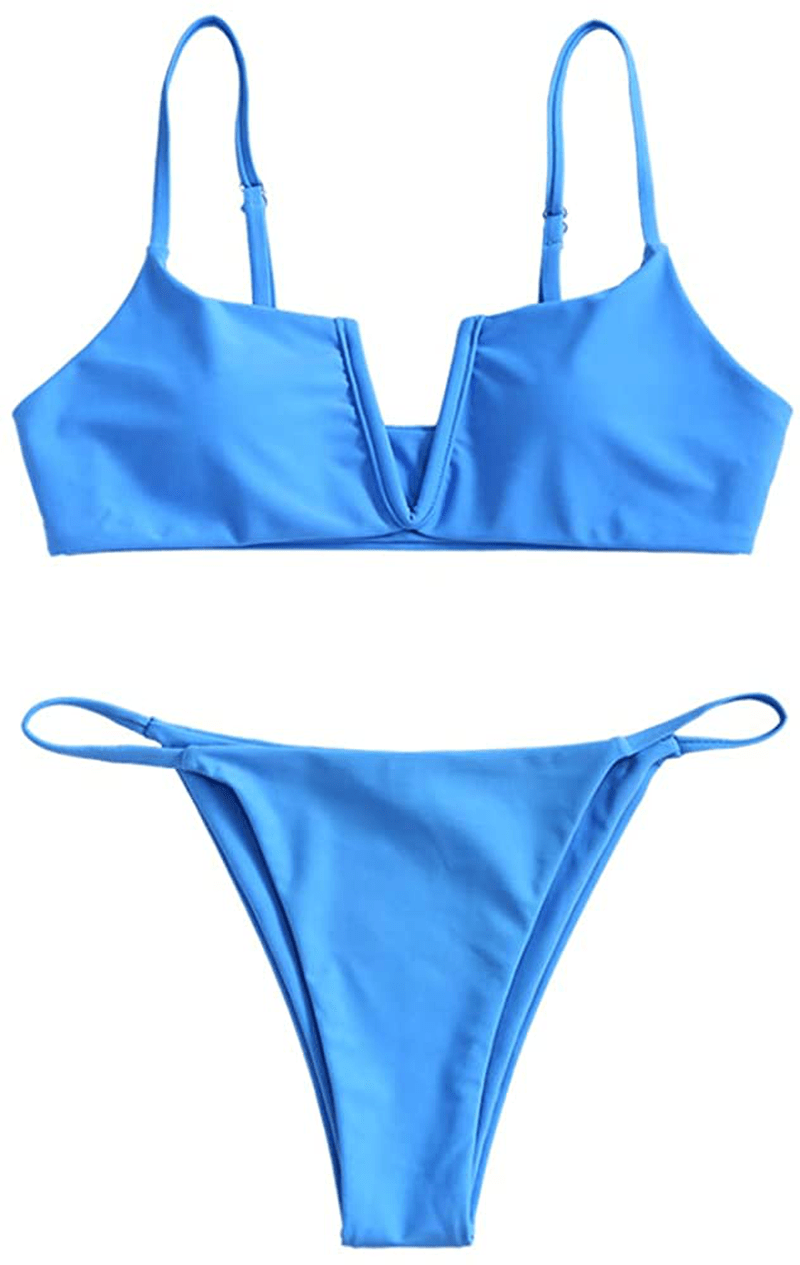 ZAFUL Women's V-Wire Padded Ribbed High Cut Cami Bikini Set Two Piece Swimsuit Apparel & Accessories > Clothing > Swimwear ZAFUL C-blue Large 
