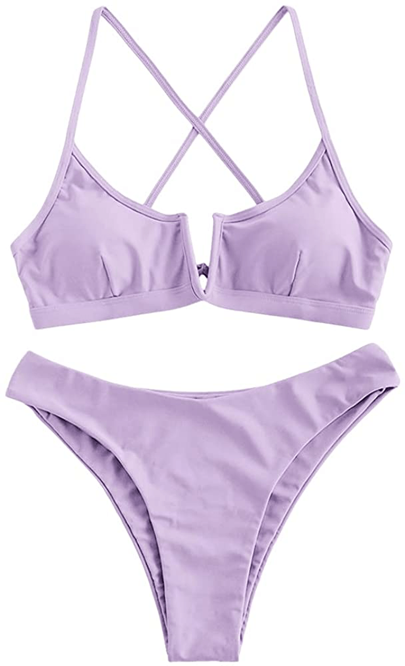 ZAFUL Women's V-Wire Padded Ribbed High Cut Cami Bikini Set Two Piece Swimsuit Apparel & Accessories > Clothing > Swimwear ZAFUL G-light Purple Large 