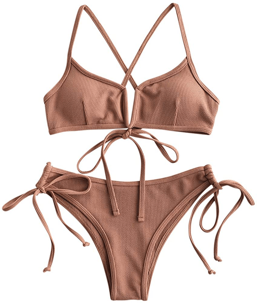 ZAFUL Women's V-Wire Padded Ribbed High Cut Cami Bikini Set Two Piece Swimsuit Apparel & Accessories > Clothing > Swimwear ZAFUL Wj-brown Small 